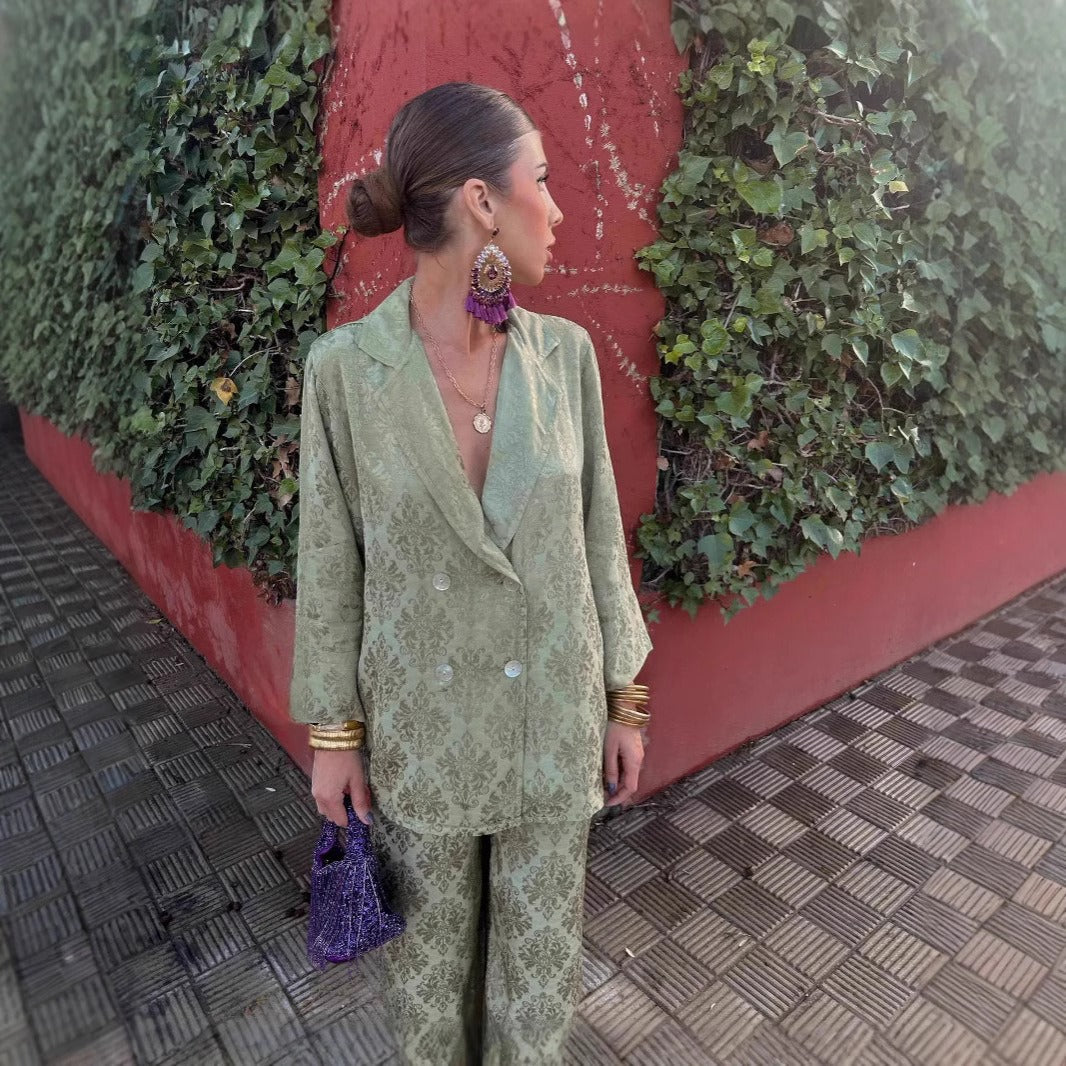 Conjunto pantalón y blazer mujer estampado floral rojo elegante - Venera