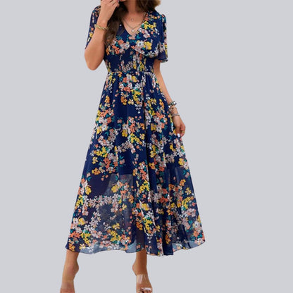 Mareina - Vestido midi floral con escote en V y manga corta