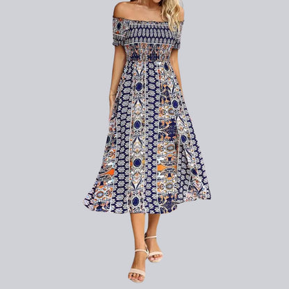 Aurora - Maxivestido boho con hombros al descubierto y volantes