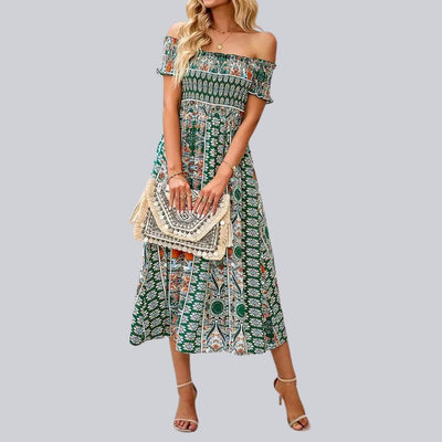 Aurora - Maxivestido boho con hombros al descubierto y volantes