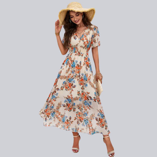 Mareina - Vestido midi floral con escote en V y manga corta