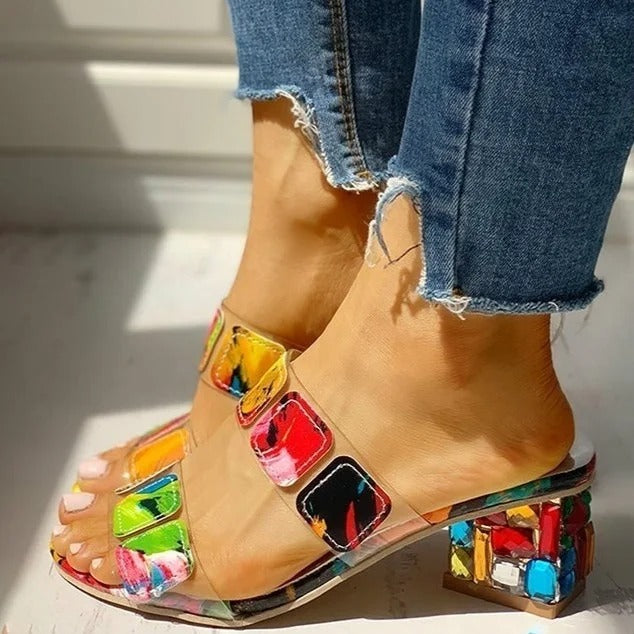 Sandalias de tacón grueso mujer diseño multicolor artístico - Camila