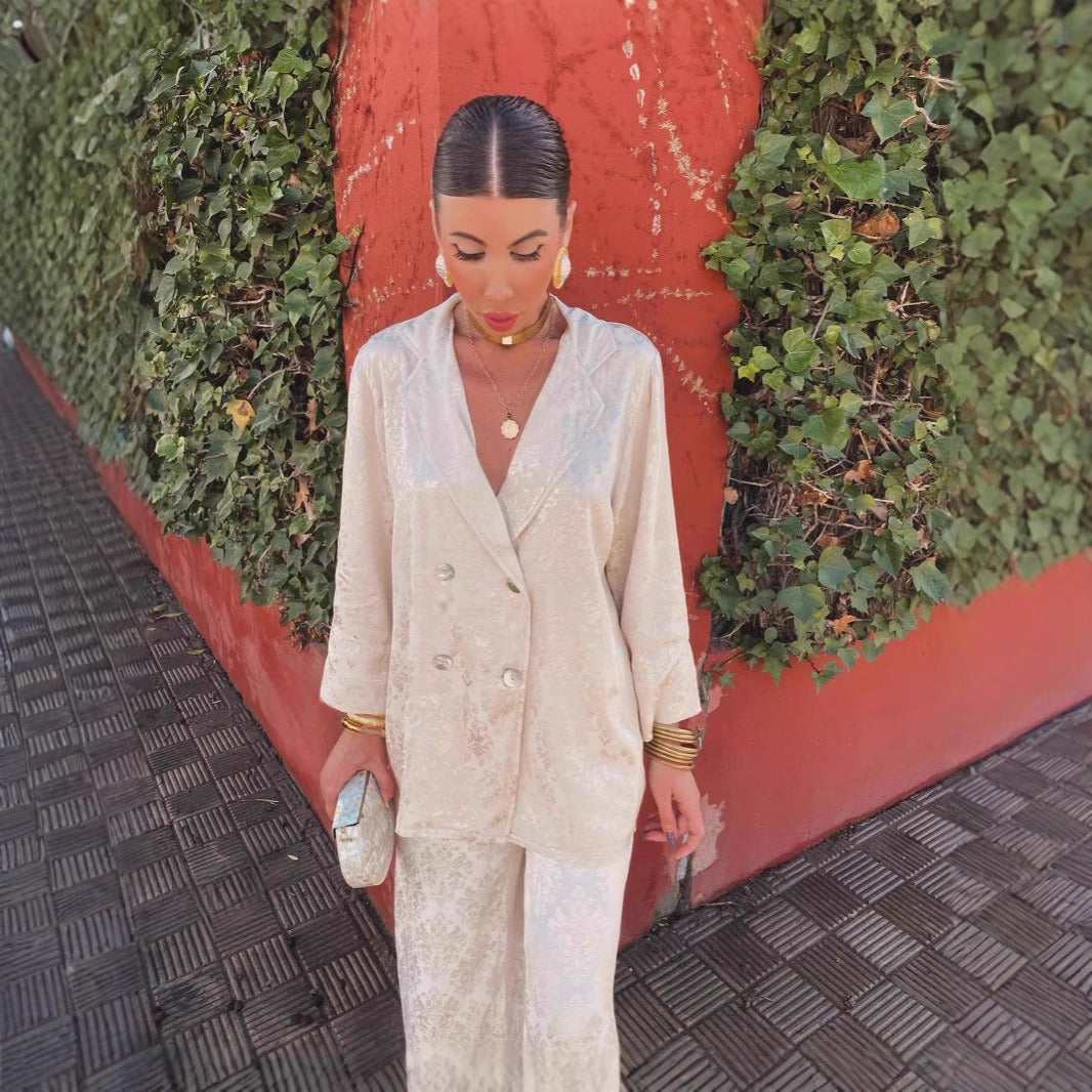 Conjunto pantalón y blazer mujer estampado floral rojo elegante - Venera