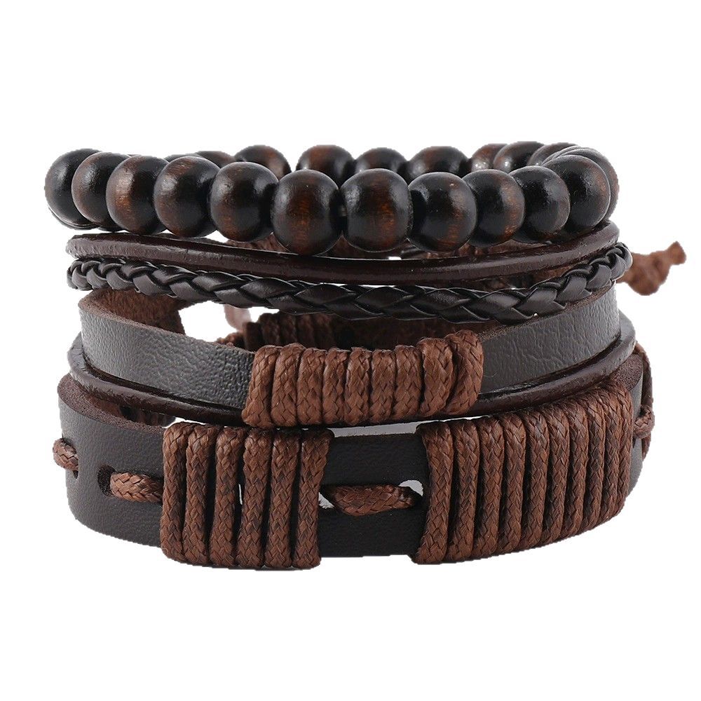 Pulsera hombre cuerda encerada y cuero diseño tribal 3 piezas - Terrakai