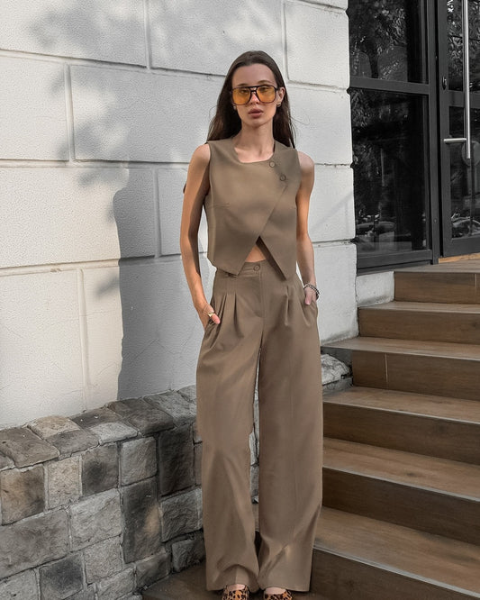 Conjunto sin mangas mujer top estructurado y pantalón fluido marrón - Siena