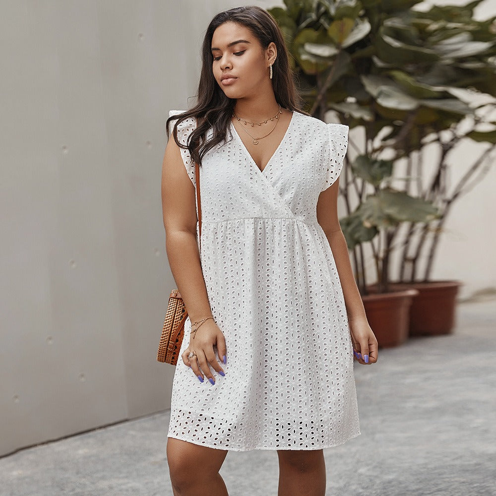 Vestido corto para mujer con bordado calado de estilo cruzado - Camila