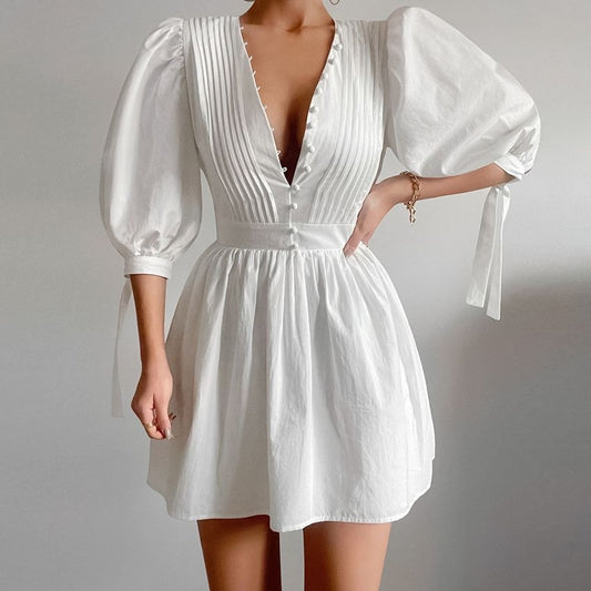 Vestido corto para mujer botones decorativos estilo evasé - Mirella