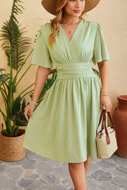 Vestido midi mujer escote cruzado manga corta azul claro - Isadora