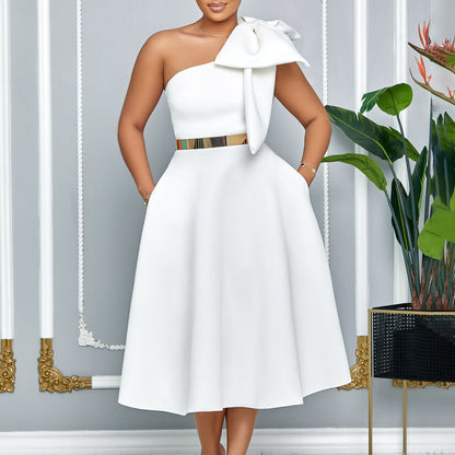 Vestido midi mujer con lazo en un hombro estilo elegante - Mireya