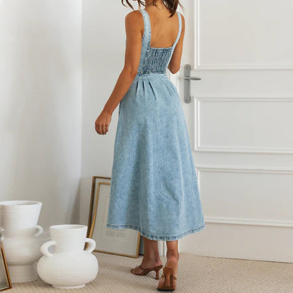 Vestido largo mujer tirantes denim azul claro con botones - Juliette