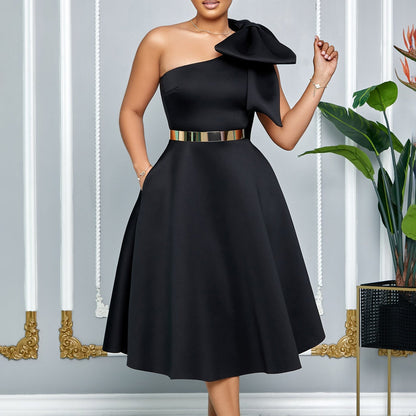 Vestido midi mujer con lazo en un hombro estilo elegante - Mireya