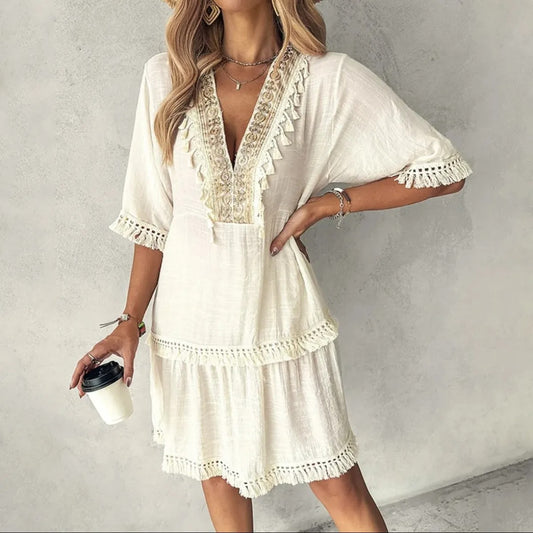 Vestido mujer bohemio bordado con borlas blanco marfil - Isadora