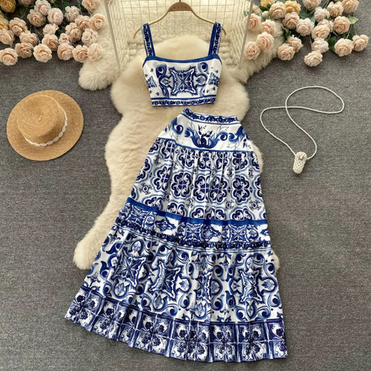 Conjunto de dos piezas para mujer con estampado barroco satinado estilo veraniego - Eleonora