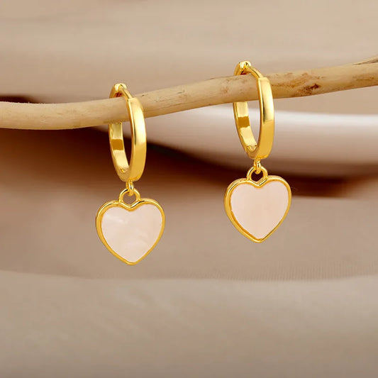 Pendientes Mujer Aro Dorado Corazón Nacarado - Elsa