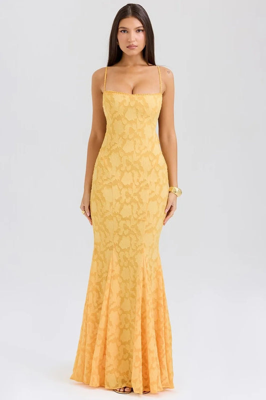 Vestido largo mujer tirantes encaje efecto sirena amarillo elegante - Aurélie