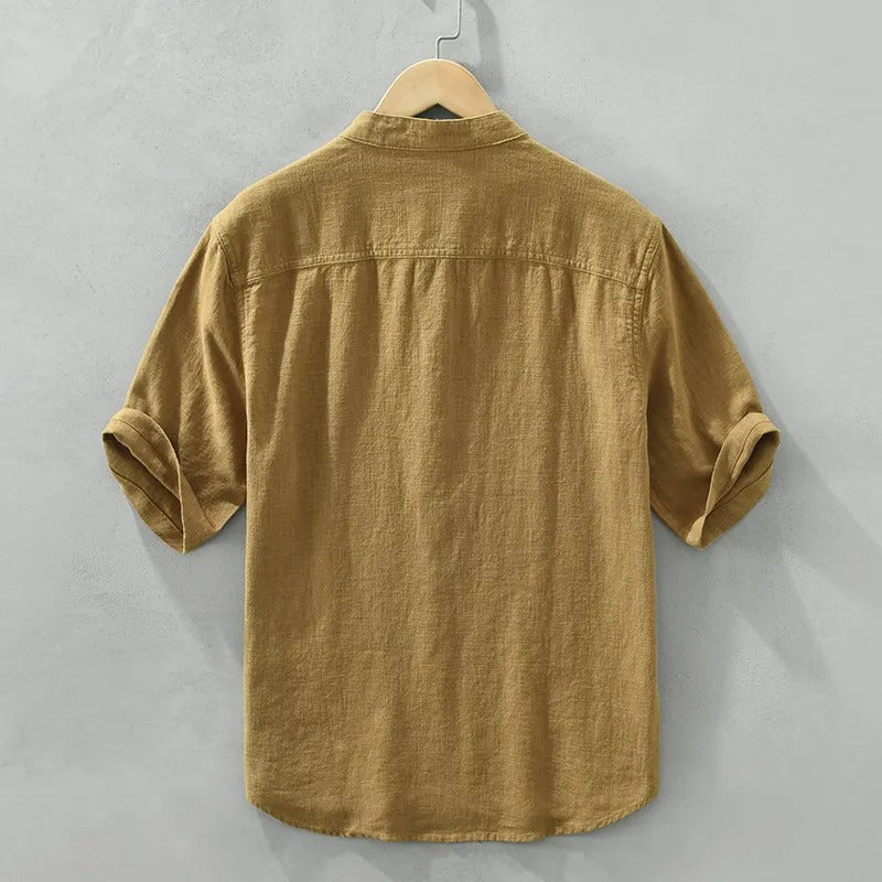 Camisa casual hombre cuello mao lino marrón - Dario