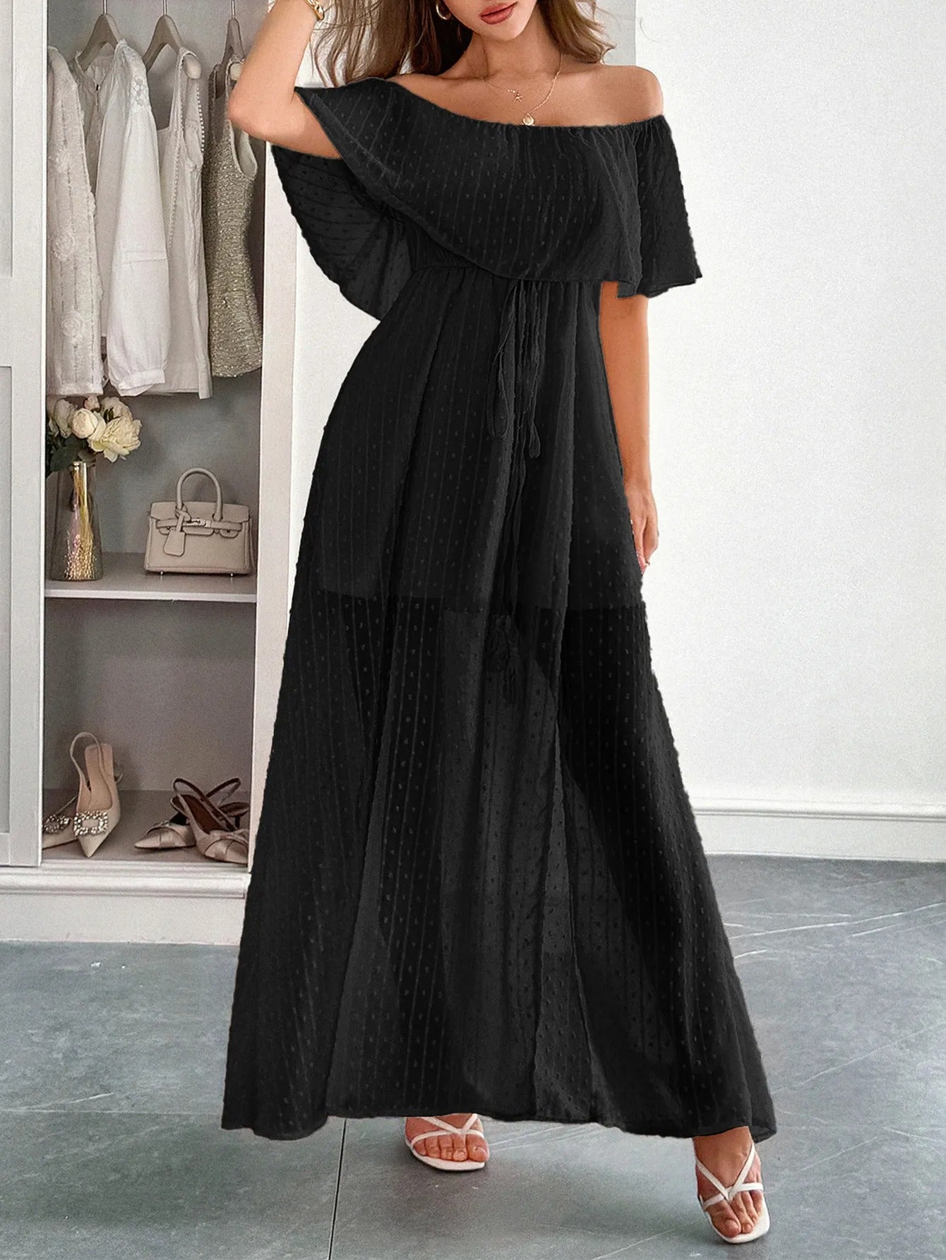 Vestido largo mujer gasa plumeti escote bardot - Julieta