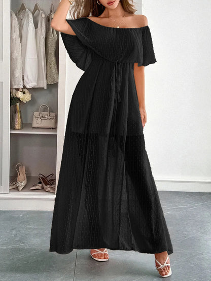 Vestido largo mujer gasa plumeti escote bardot - Julieta