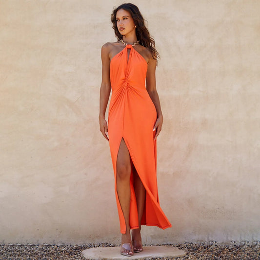 Vestido largo para mujer de escote halter con fruncido y abertura frontal - Eliana