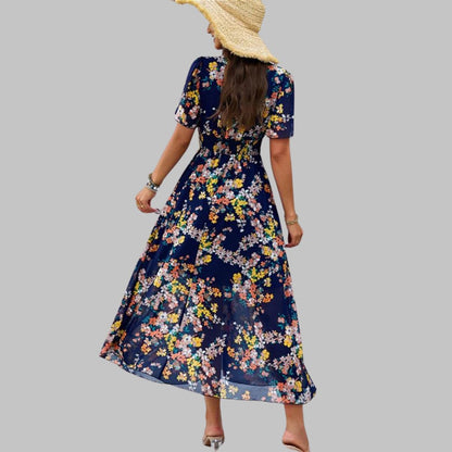 Mareina - Vestido midi floral con escote en V y manga corta