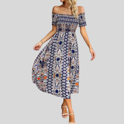 Aurora - Maxivestido boho con hombros al descubierto y volantes