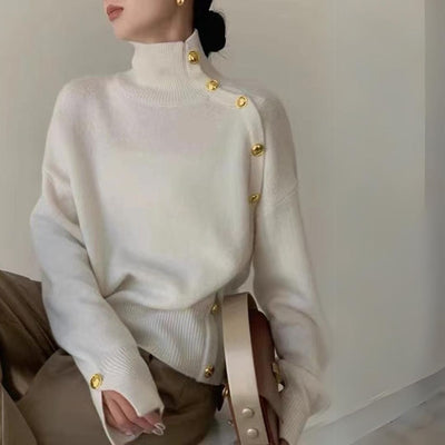 Joena - Jersey de cuello alto con detalle de botones asimétricos