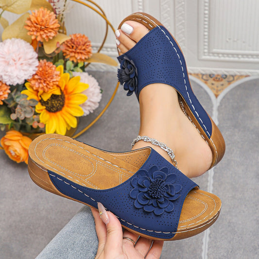 Sandalias mujer cuña flor decorativa azul marino - Calista