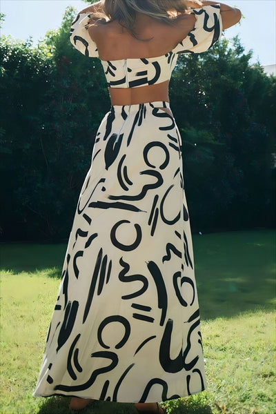 Conjunto de dos piezas para mujer con escote bardot estampado artístico - Eloisa