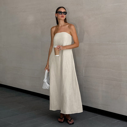 Vestido largo para mujer de lino algodón escote palabra de honor - Elodie