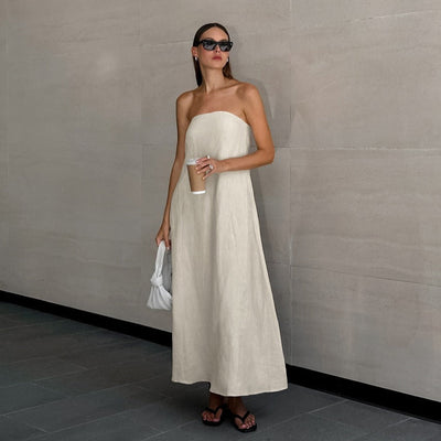 Vestido largo para mujer de lino algodón escote palabra de honor - Elodie