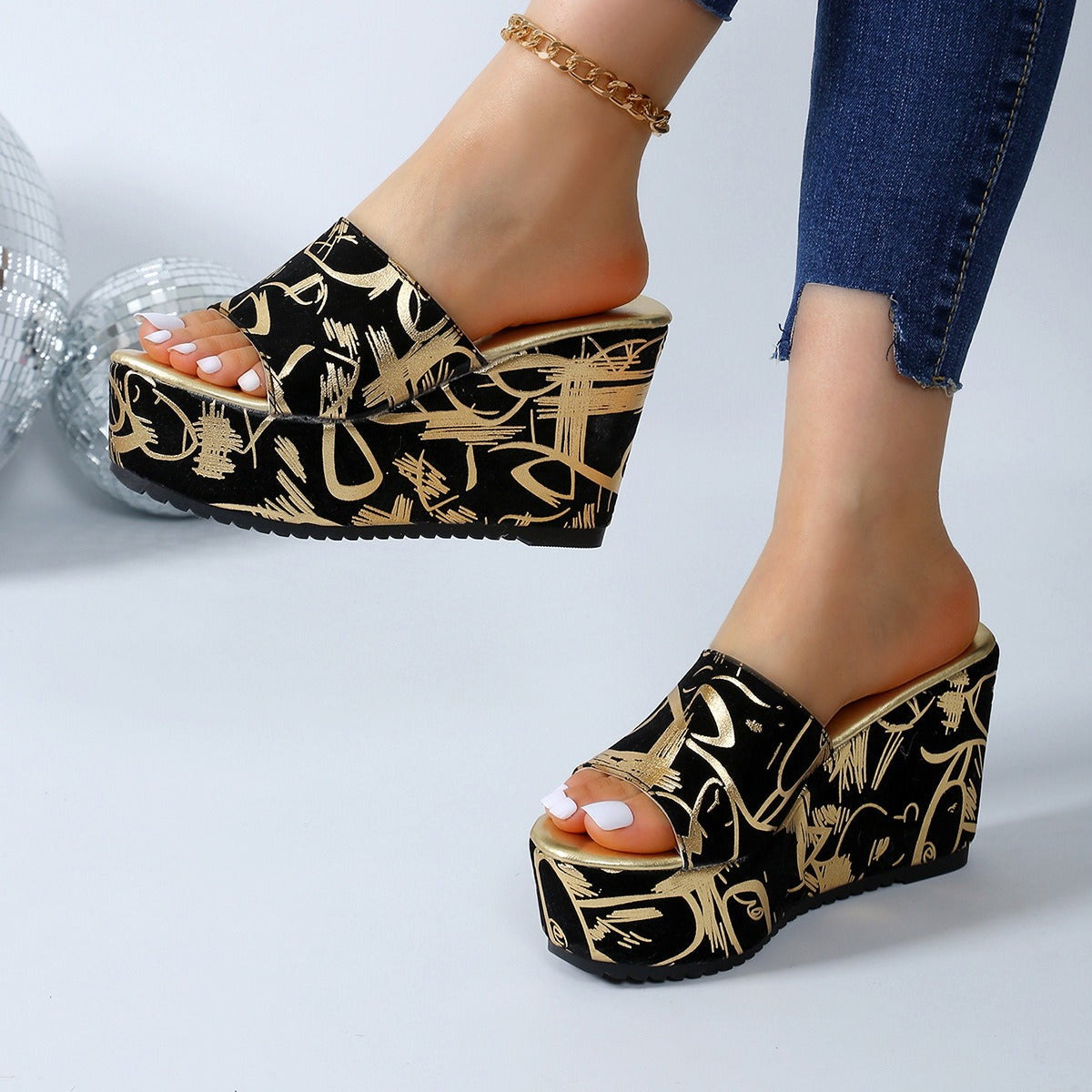 Sandalias para mujer de plataforma estampado con gráfico estilo cuña abierta - Abril