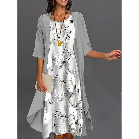 Mila - Vestido midi con estampado gris y abrigo