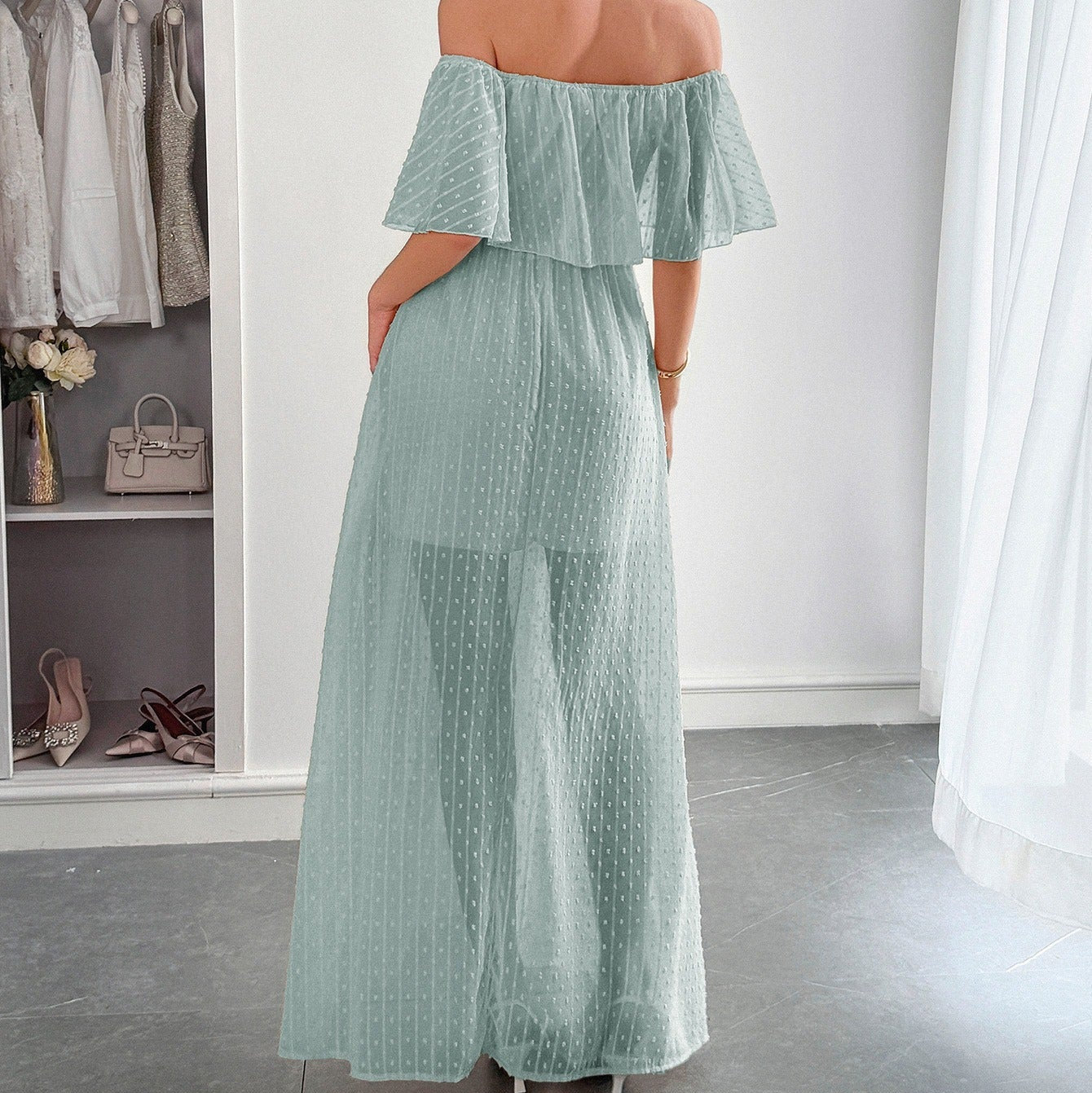 Vestido largo para mujer de gasa plumeti con escote barco estilo fluido - Noelia