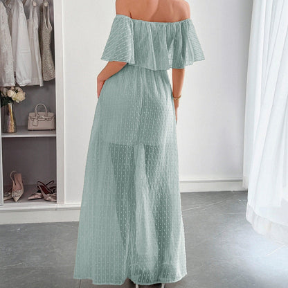 Vestido largo para mujer de gasa plumeti con escote barco estilo fluido - Noelia