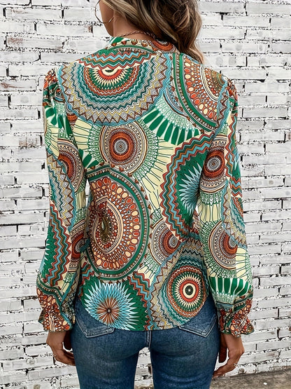 Iowana - Blusa vintage con escote de muesca y estampado de mandalas