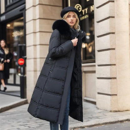 Bonnie - Abrigo largo de invierno para mujer con capucha de piel y cinturón