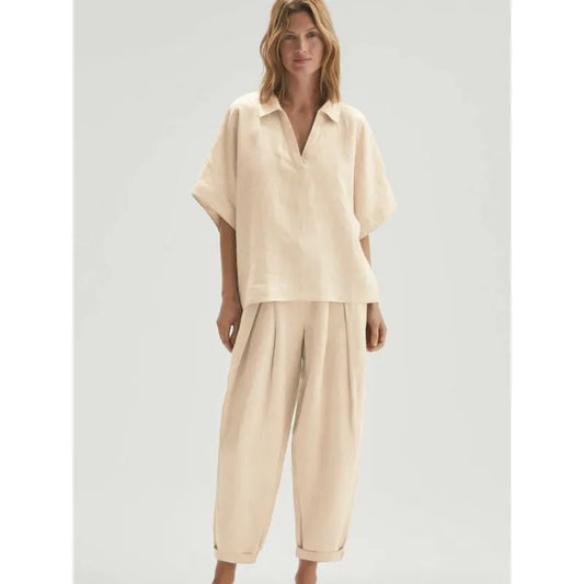 Velia - Conjunto de top de manga corta con cuello de pico y pantalón de cintura alta