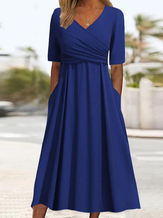 Elfina - Vestido midi liso azul con escote en pico