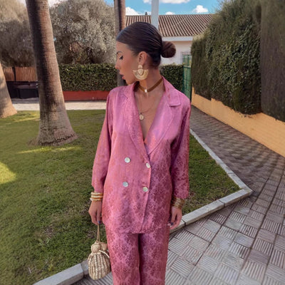 Conjunto pantalón y blazer mujer estampado floral rojo elegante - Venera