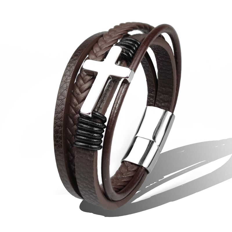 Pulsera hombre cuero trenzado con cruz acero - Sentinel
