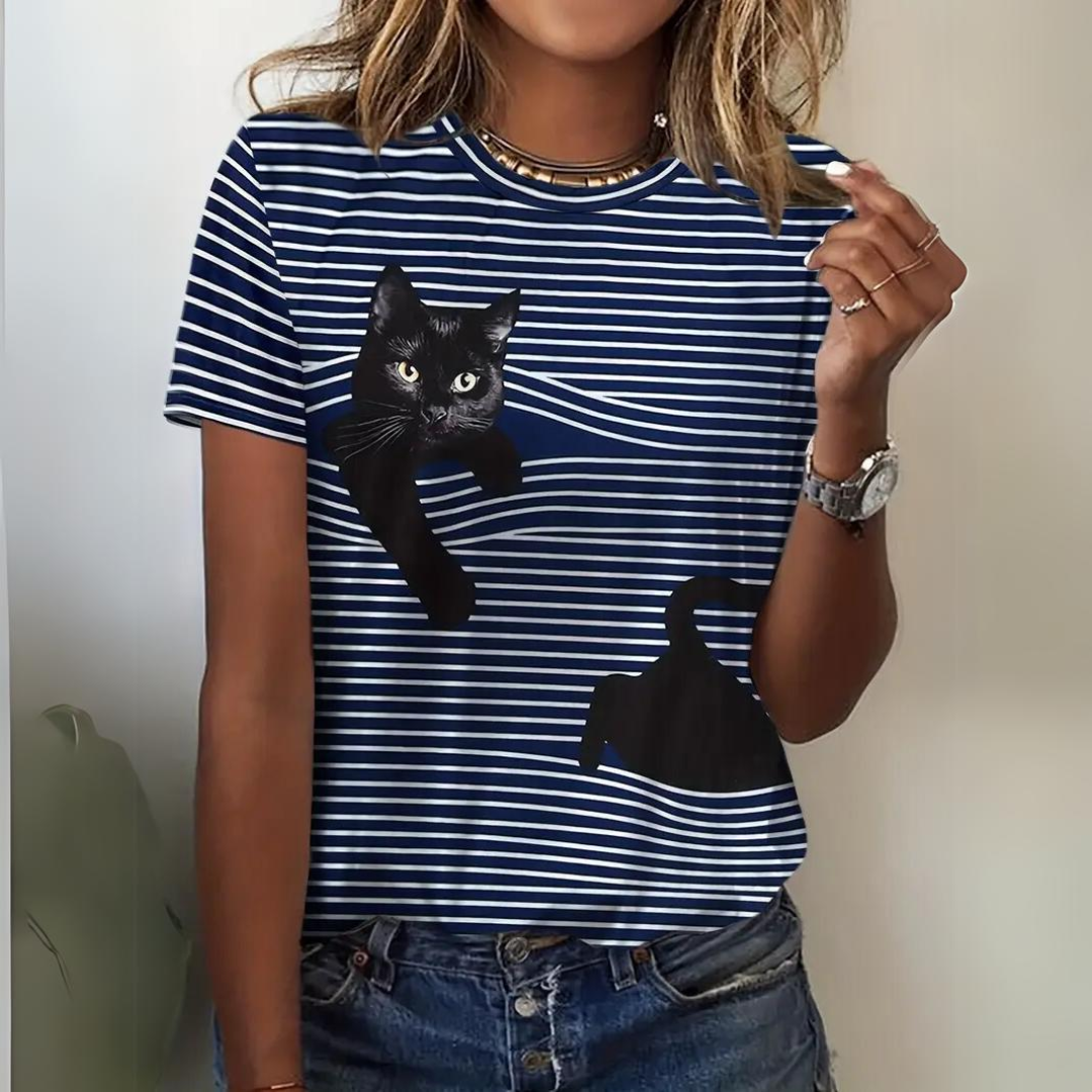 Lonneke - Elegante camisa de mujer con estampado de gato