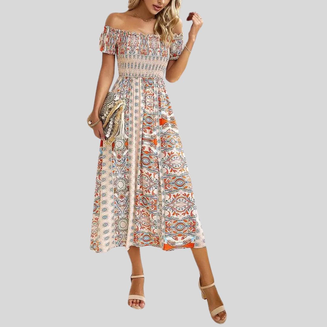 Aurora - Maxivestido boho con hombros al descubierto y volantes