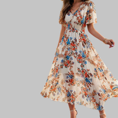 Mareina - Vestido midi floral con escote en V y manga corta