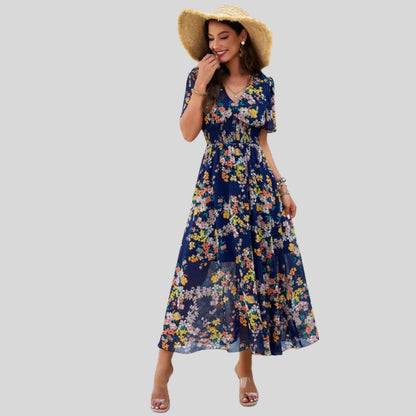 Mareina - Vestido midi floral con escote en V y manga corta