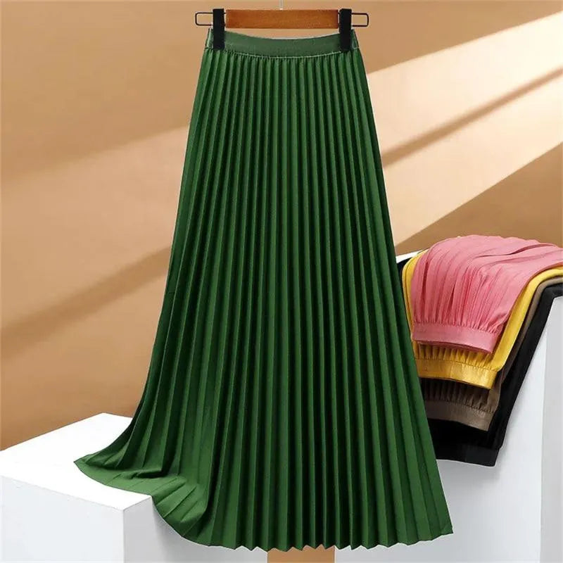 Falda larga plisada elástica con cintura alta, elegante y cómoda perfecta para un look sofisticado y femenino