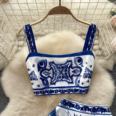 Conjunto de dos piezas para mujer con estampado barroco satinado estilo veraniego - Eleonora