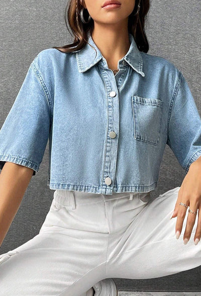 Camisa corta mujer denim con bolsillo frontal estilo casual - Emilia