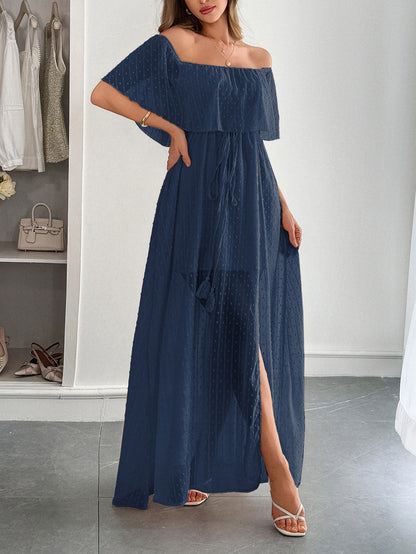 Vestido largo mujer gasa plumeti escote bardot - Julieta