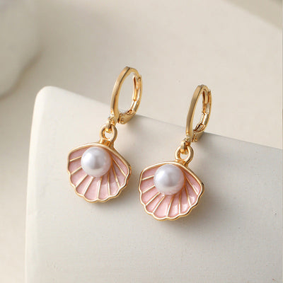 Pendientes Mujer Perla Dorados Concha Rosa - Elise