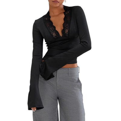 Sissi - Camiseta con cuello en V estrecho de encaje